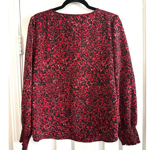 SANCTUARY Anthropologie Red Leopard Animal Print Smocked Cuff Blouse - Sz L - Picture 2 of 6